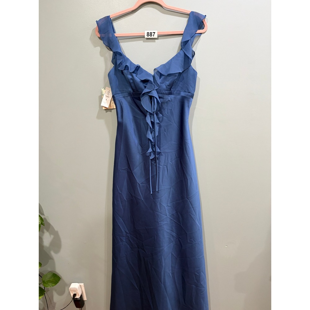 Alfred Angelo Indigo Blue Ruffle V-Neck Formal Gown Dress 678 Size 8 NWT